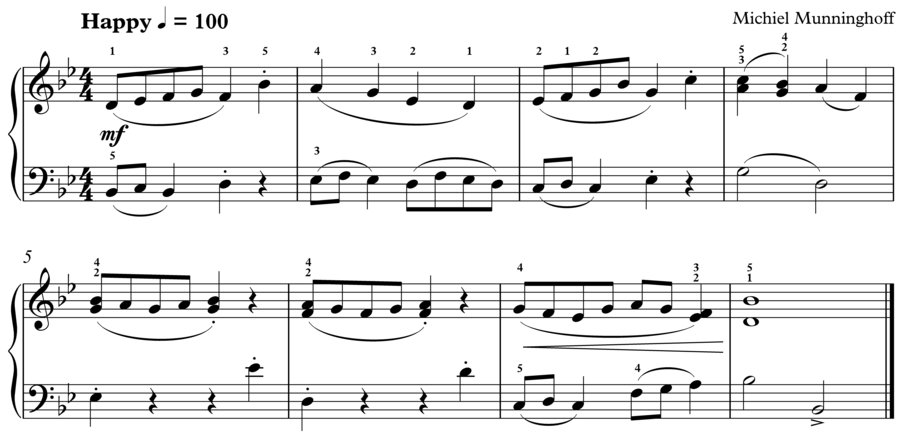 Grade 3 piano sight reading exercise, "Happy in Bb" by Michiel M. on SightReadingMastery
