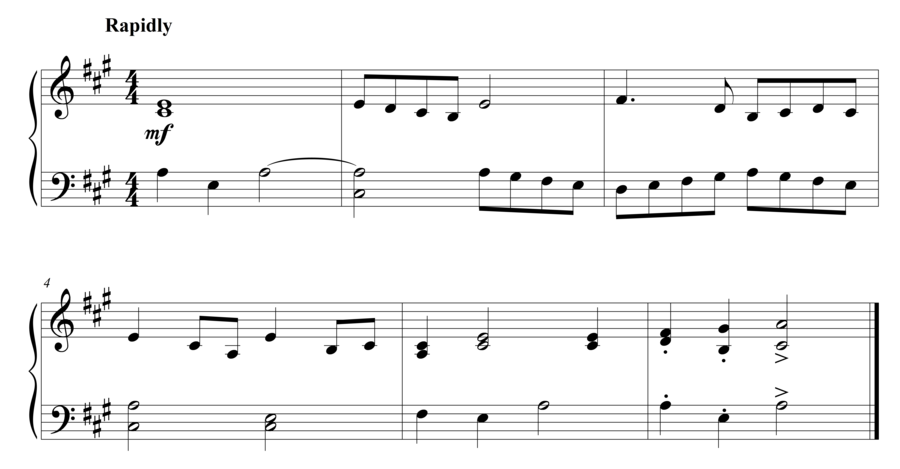 Grade 3 piano sight reading exercise, "Tosto in A Major" by Steven K. on SightReadingMastery