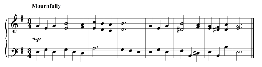 Grade 3 piano sight reading exercise, "Mesto in E Minor" by Steven K. on SightReadingMastery