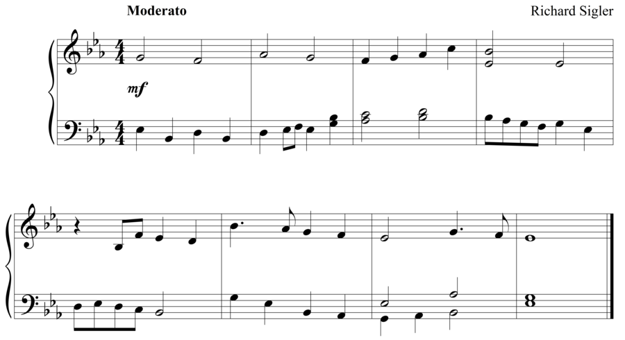 Grade 3 piano sight reading exercise, "Moderato in Eb Major" by Richard S. on SightReadingMastery