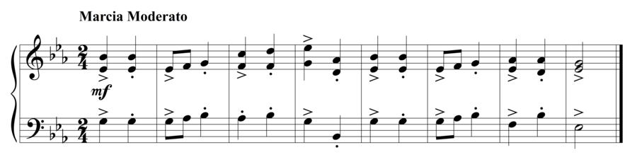Grade 3 piano sight reading exercise, "Marcia Moderato in Eb Major" by Steven K. on SightReadingMastery