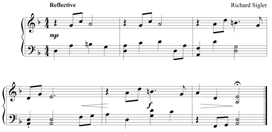 Grade 3 piano sight reading exercise, "Reflective in D Minor" by Richard S. on SightReadingMastery