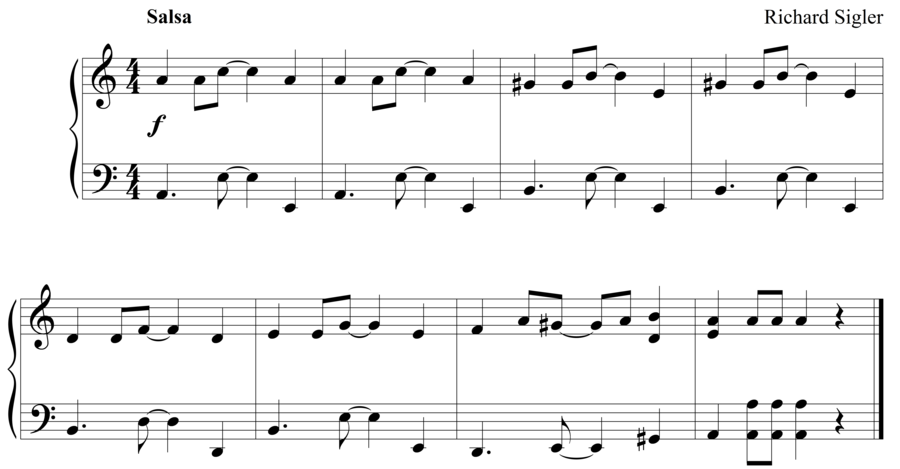 Grade 3 piano sight reading exercise, "Salsa in A Minor" by Richard S. on SightReadingMastery