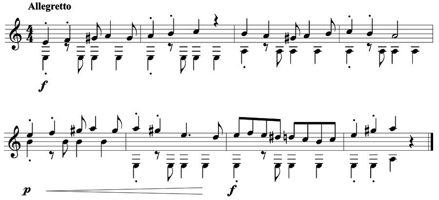 Grade 4 guitar sight reading exercise, "Allegretto in A minor" by Mark B. on SightReadingMastery