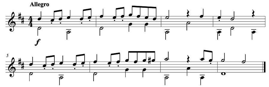 Grade 4 guitar sight reading exercise, "Allegro Con Spirito" by Mark B. on SightReadingMastery