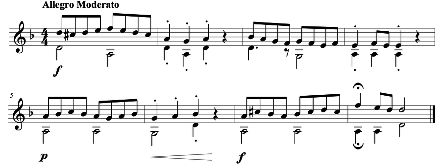 Grade 4 guitar sight reading exercise, "Allegro Moderato" by Mark B. on SightReadingMastery