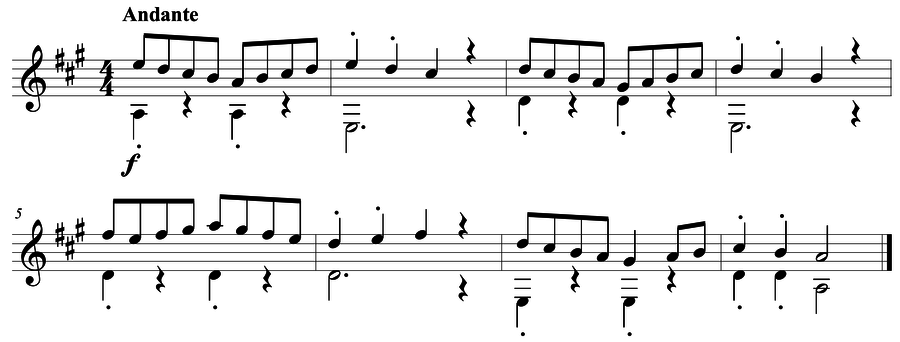 Grade 4 guitar sight reading exercise, "Andante in A Major" by Mark B. on SightReadingMastery