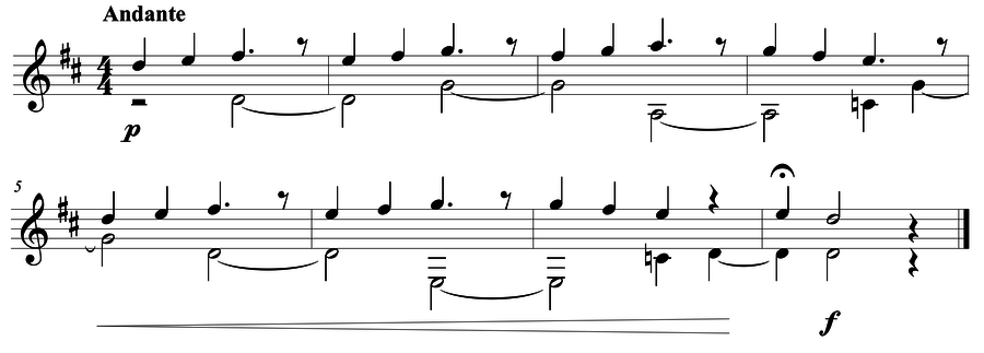 Grade 4 guitar sight reading exercise, "Andante with a Crescendo" by Mark B. on SightReadingMastery