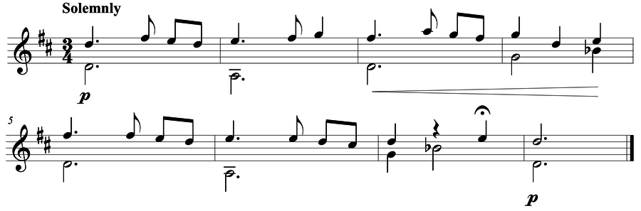Grade 4 guitar sight reading exercise, "A Solemn Passage" by Mark B. on SightReadingMastery
