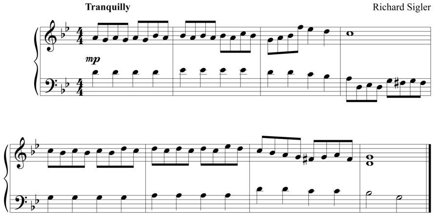 Grade 3 piano sight reading exercise, "Tranquilly in G Minor" by Richard S. on SightReadingMastery