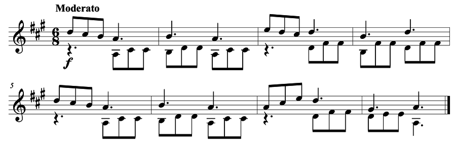 Grade 4 guitar sight reading exercise, "Joyful! Joyful!" by Mark B. on SightReadingMastery