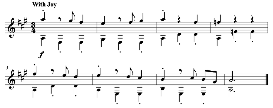 Grade 4 guitar sight reading exercise, "Joyful Soul" by Mark B. on SightReadingMastery