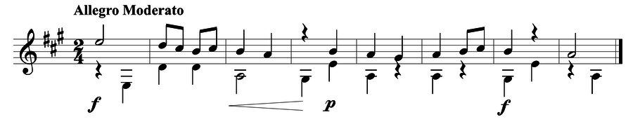 Grade 4 guitar sight reading exercise, "Not Too Fast" by Mark B. on SightReadingMastery
