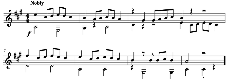 Grade 4 guitar sight reading exercise, "The Noble Cantor" by Mark B. on SightReadingMastery