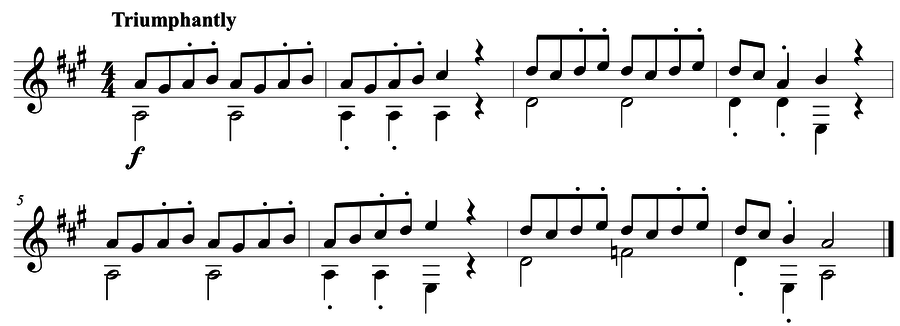 Grade 4 guitar sight reading exercise, "Triumphant Victor" by Mark B. on SightReadingMastery