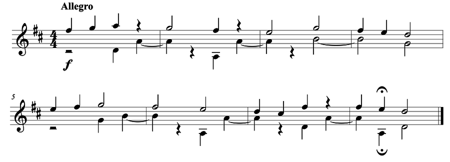 Grade 4 guitar sight reading exercise, "Allegro in D Major" by Mark B. on SightReadingMastery