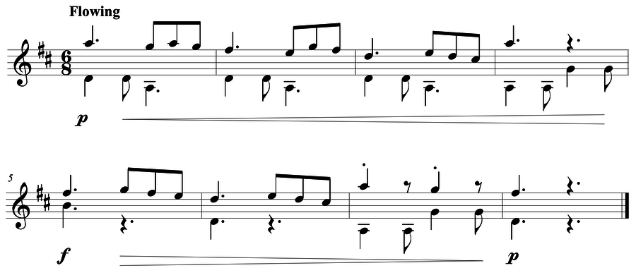 Grade 4 guitar sight reading exercise, "Cantabile in D Major" by Mark B. on SightReadingMastery