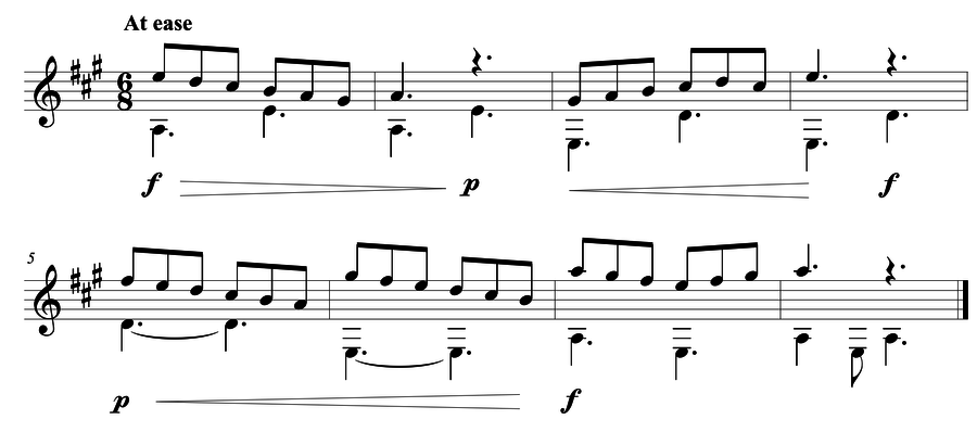 Grade 4 guitar sight reading exercise, "Crescendos and Decrescendos" by Mark B. on SightReadingMastery