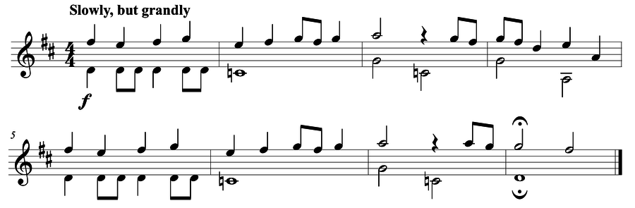 Grade 4 guitar sight reading exercise, "Grandly in D Major" by Mark B. on SightReadingMastery