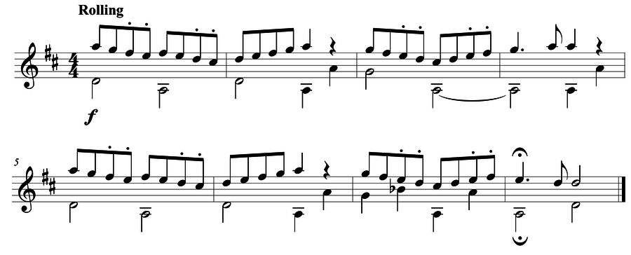 Grade 4 guitar sight reading exercise, "Keep Rolling" by Mark B. on SightReadingMastery