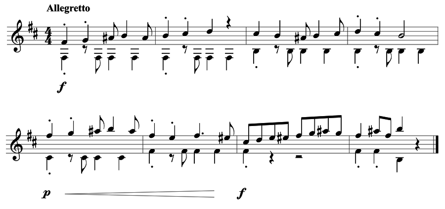 Grade 5 guitar sight reading exercise, "Allegretto in B minor" by Mark B. on SightReadingMastery