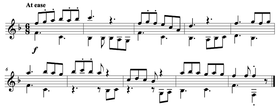 Grade 5 guitar sight reading exercise, "In a Moderate Manner" by Mark B. on SightReadingMastery