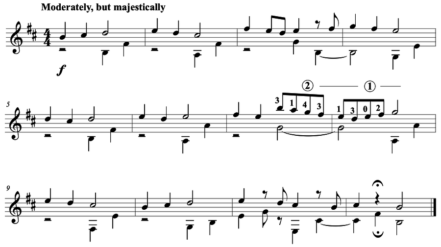 Grade 5 guitar sight reading exercise, "Maestoso in B Minor" by Mark B. on SightReadingMastery