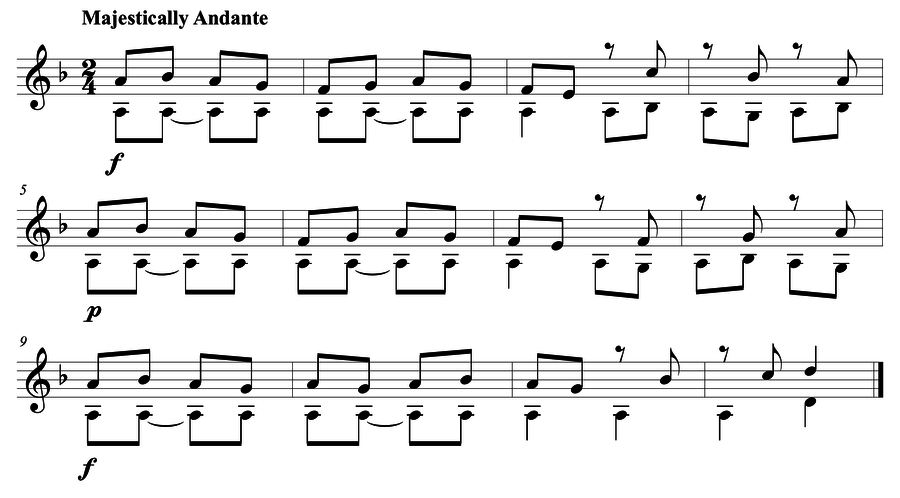 Grade 5 guitar sight reading exercise, "Majestic Forte and Piano" by Mark B. on SightReadingMastery