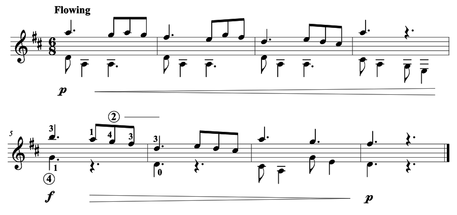 Grade 5 guitar sight reading exercise, "Cantabile in D Major" by Mark B. on SightReadingMastery