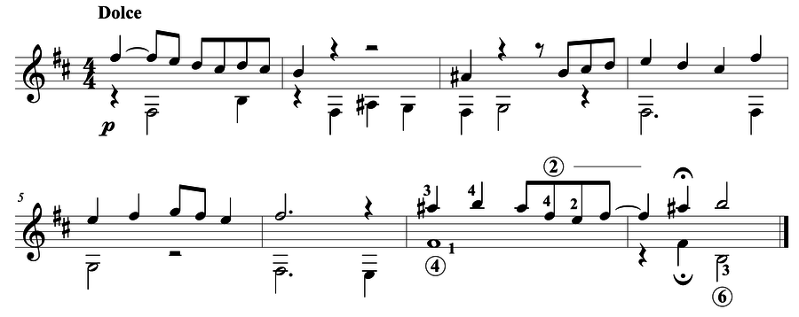 Grade 5 guitar sight reading exercise, "Dolce in B minor" by Mark B. on SightReadingMastery
