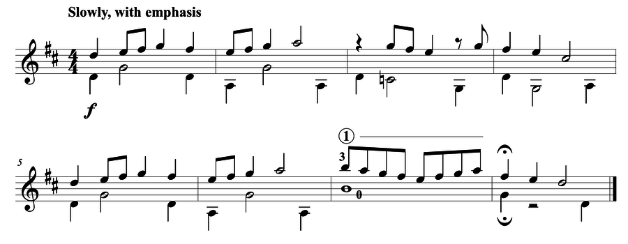 Grade 5 guitar sight reading exercise, "Go Slow" by Mark B. on SightReadingMastery