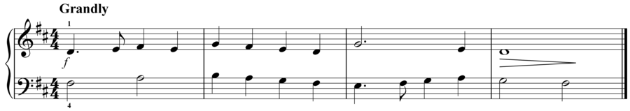 Grade 2 piano sight reading exercise, "Grandly in D Major" by Evan M. on SightReadingMastery