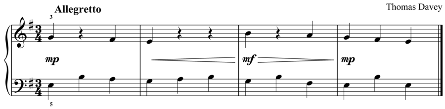 Grade 2 piano sight reading exercise, "Allegretto in E minor" by Thomas D. on SightReadingMastery
