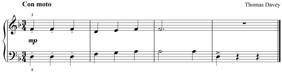 Grade 2 piano sight reading exercise, "Con Moto in D minor" by Thomas D. on SightReadingMastery