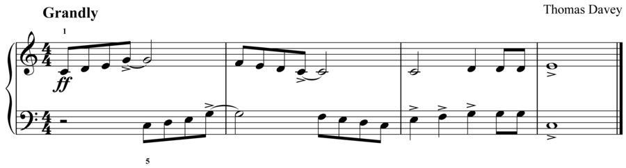 Grade 2 piano sight reading exercise, "Grandly in C Major" by Thomas D. on SightReadingMastery