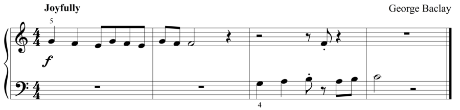 Grade 1 piano sight reading exercise, "Gioioso" by George B. on SightReadingMastery