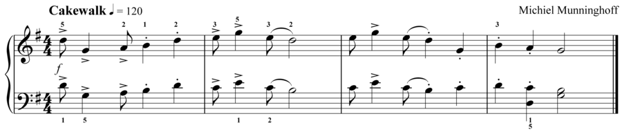Grade 3 piano sight reading exercise, "Cakewalk in G Major" by Michiel M. on SightReadingMastery
