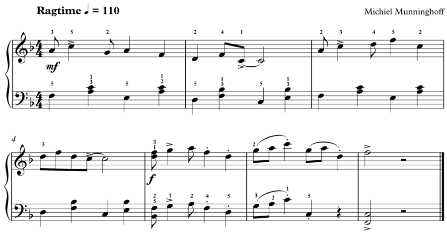 Grade 3 piano sight reading exercise, "Ragtime in F" by Michiel M. on SightReadingMastery