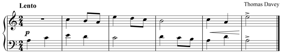 Grade 2 piano sight reading exercise, "Lento in A Minor" by Thomas D. on SightReadingMastery