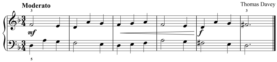 Grade 2 piano sight reading exercise, "Moderato in D Minor" by Thomas D. on SightReadingMastery