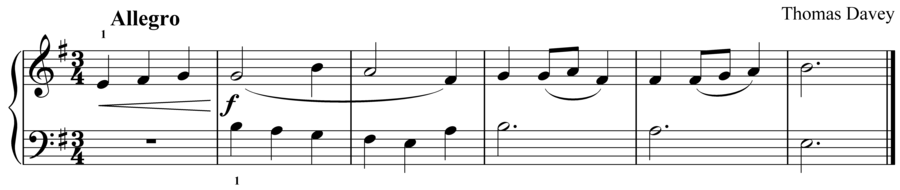 Grade 2 piano sight reading exercise, "Allegro in E Minor" by Thomas D. on SightReadingMastery
