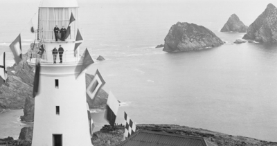 lighthouse, people, watching, view, flags, coast, coastline, ocean, black and white