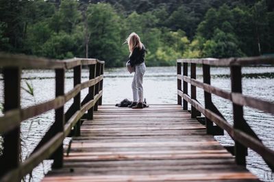 woman, girl, female, blonde, wooden, dock, nature, lake, picnic