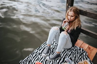 woman, girl, female, blonde, lake, dock, picnic, drink, lifestyle, outdoor