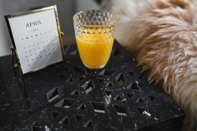 bed, bedroom, home, decor, interior, furniture, table, room, juice, drink, calendar