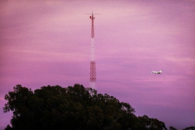 transmitter, transmission, tower, sky, dusk, dawn, airplane, plane, aircraft, flight, travel