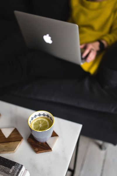 woman, girl, laptop, technology, working, typing, blog, blogging, drink, mug, home