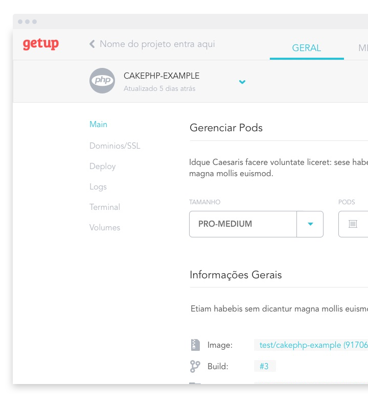 pagina de gerenciamento do site da getup