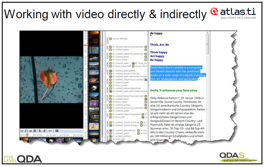 Video file with synchronised transcript displayed adjacently in ATLASti Video file with synchronised transcript displayed adjacently in ATLASti