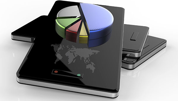 3-D mobile smart phones and pie chart